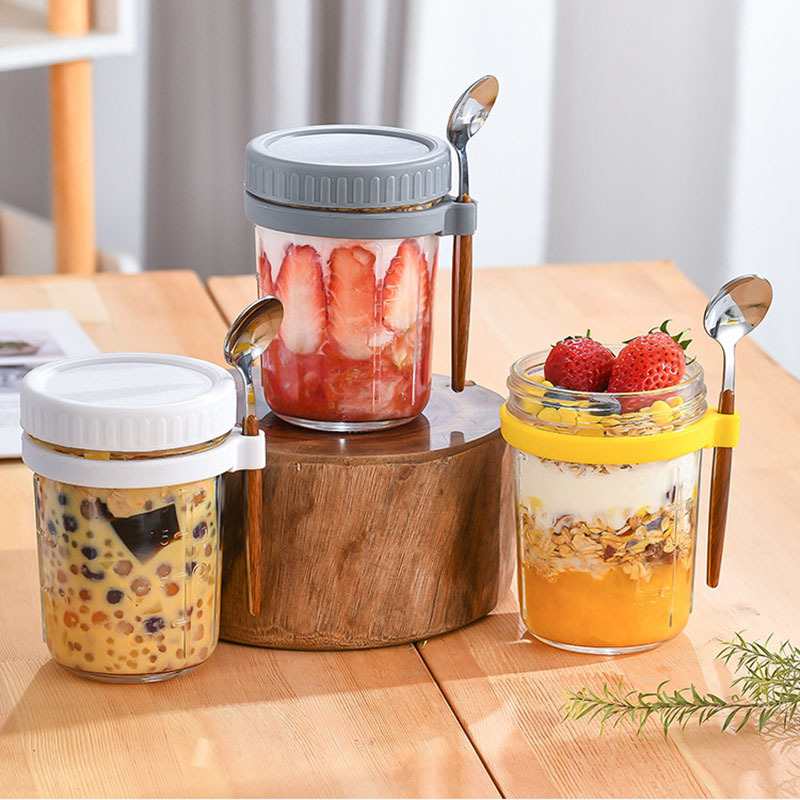 39Years Factory Breakfast Glass Colored Milk Glass Salad Jar Silicone Spoon Hanging Mason Jar 400ml