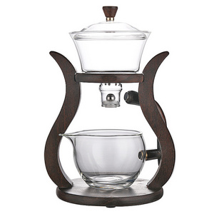 39Years Factory Antique High Borosilicate Glass Tea Pot Set With Wooden Stand Automatic Glass Tea Maker 350ml