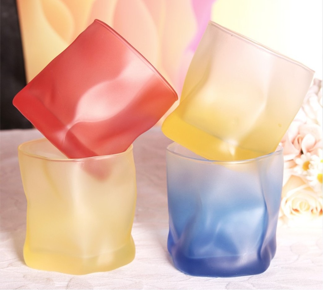 2023  260ml Maiden blue yellow red glass coffee milk cup irregular colorful frosted whisky glass