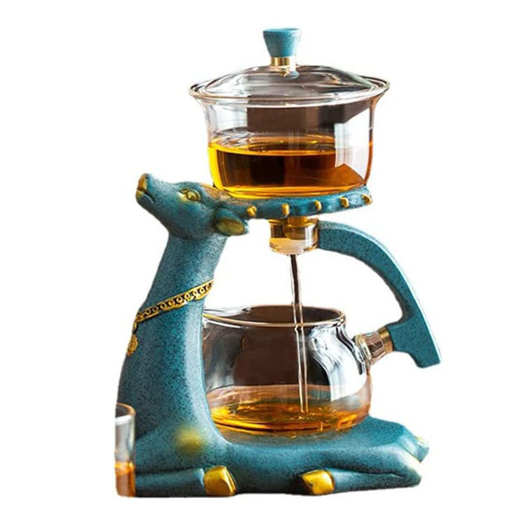 39Years Factory Blue Deer Style Glass Teapot Heat Resistant Glass Tea Set Magnetic Water Diversion Clear Glass Teapot