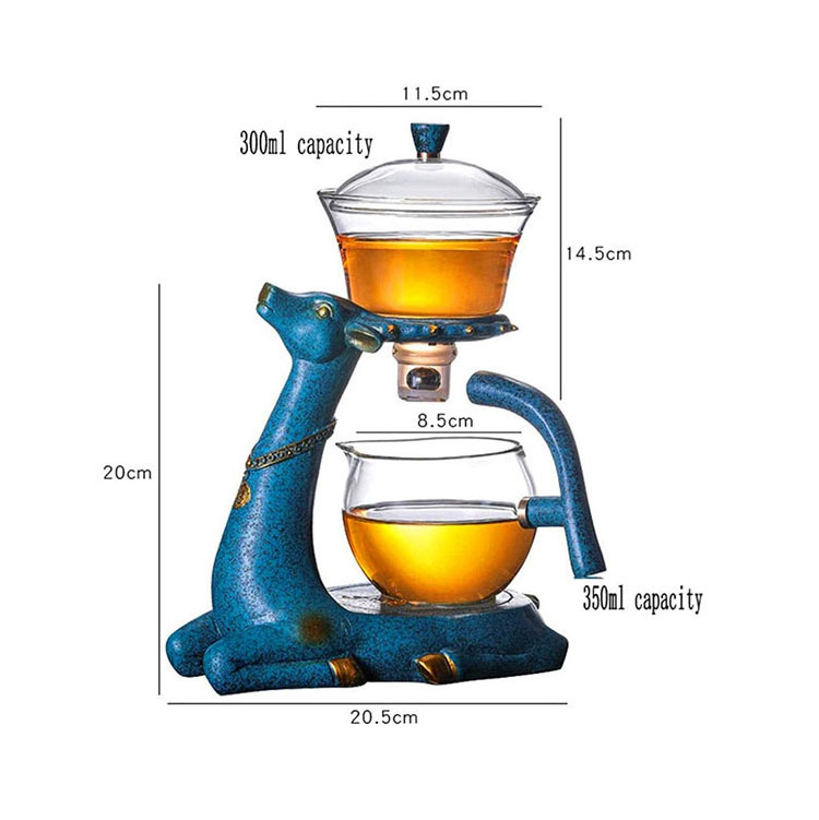 39Years Factory Blue Deer Style Glass Teapot Heat Resistant Glass Tea Set Magnetic Water Diversion Clear Glass Teapot