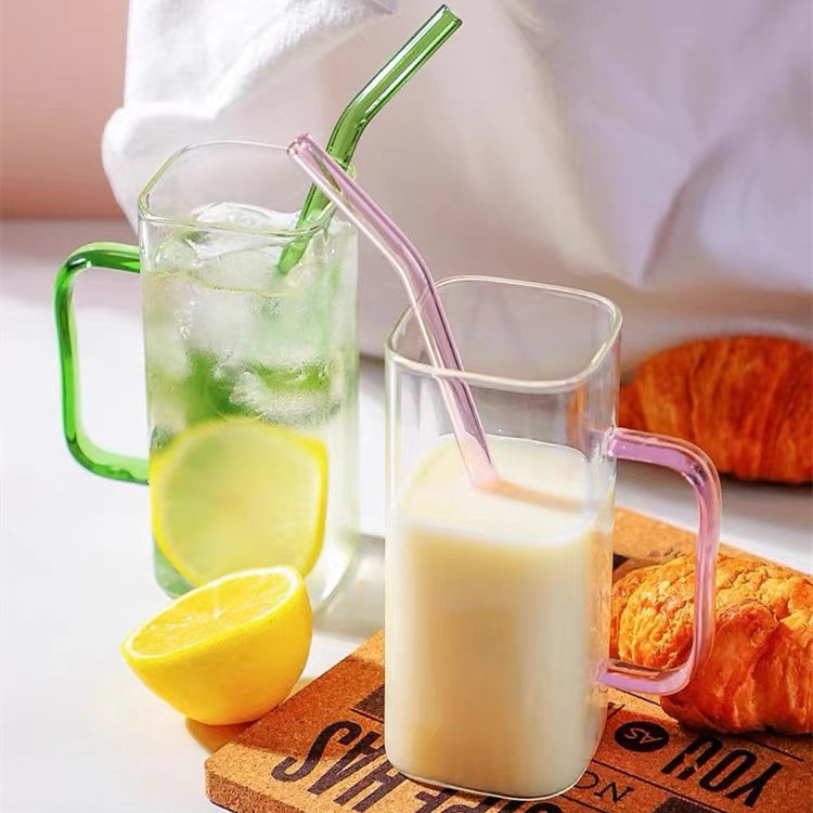 39Years Factory High Borosilicate Glass Coffee Cup Glass Milk Mug Square Shape Glass Cups With Straw And Lid