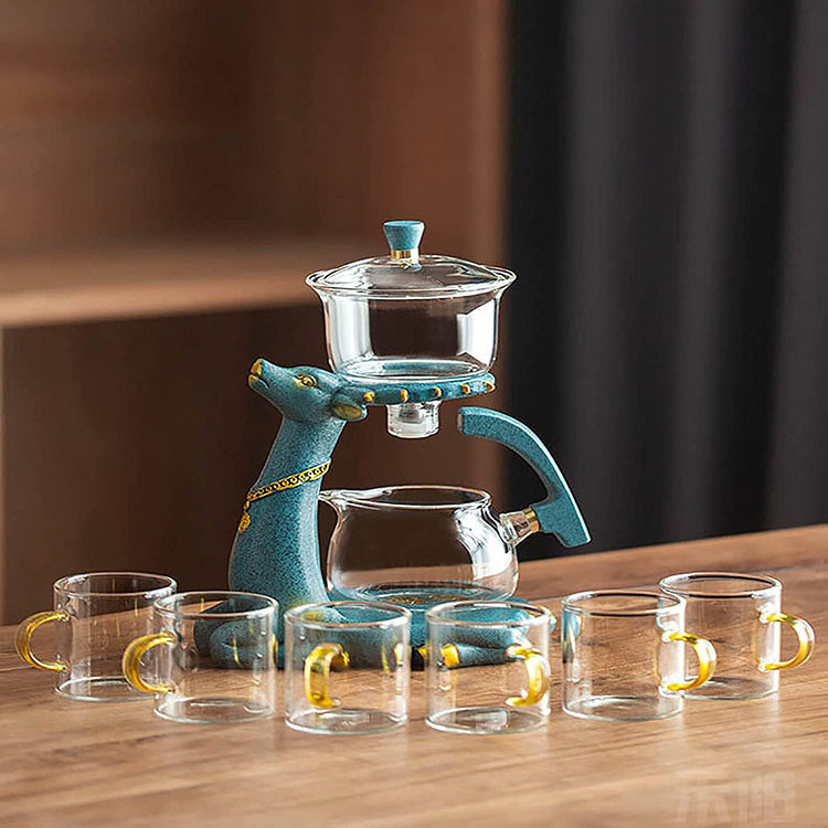 39Years Factory Blue Deer Style Glass Teapot Heat Resistant Glass Tea Set Magnetic Water Diversion Clear Glass Teapot