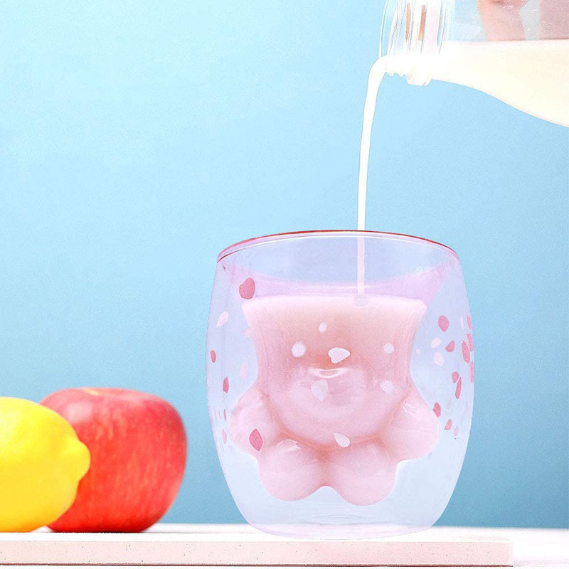 39Years Factory Cute Cat Claw Glass Milk Mugs Customize Available Cartoon Double Walled Glass Cup