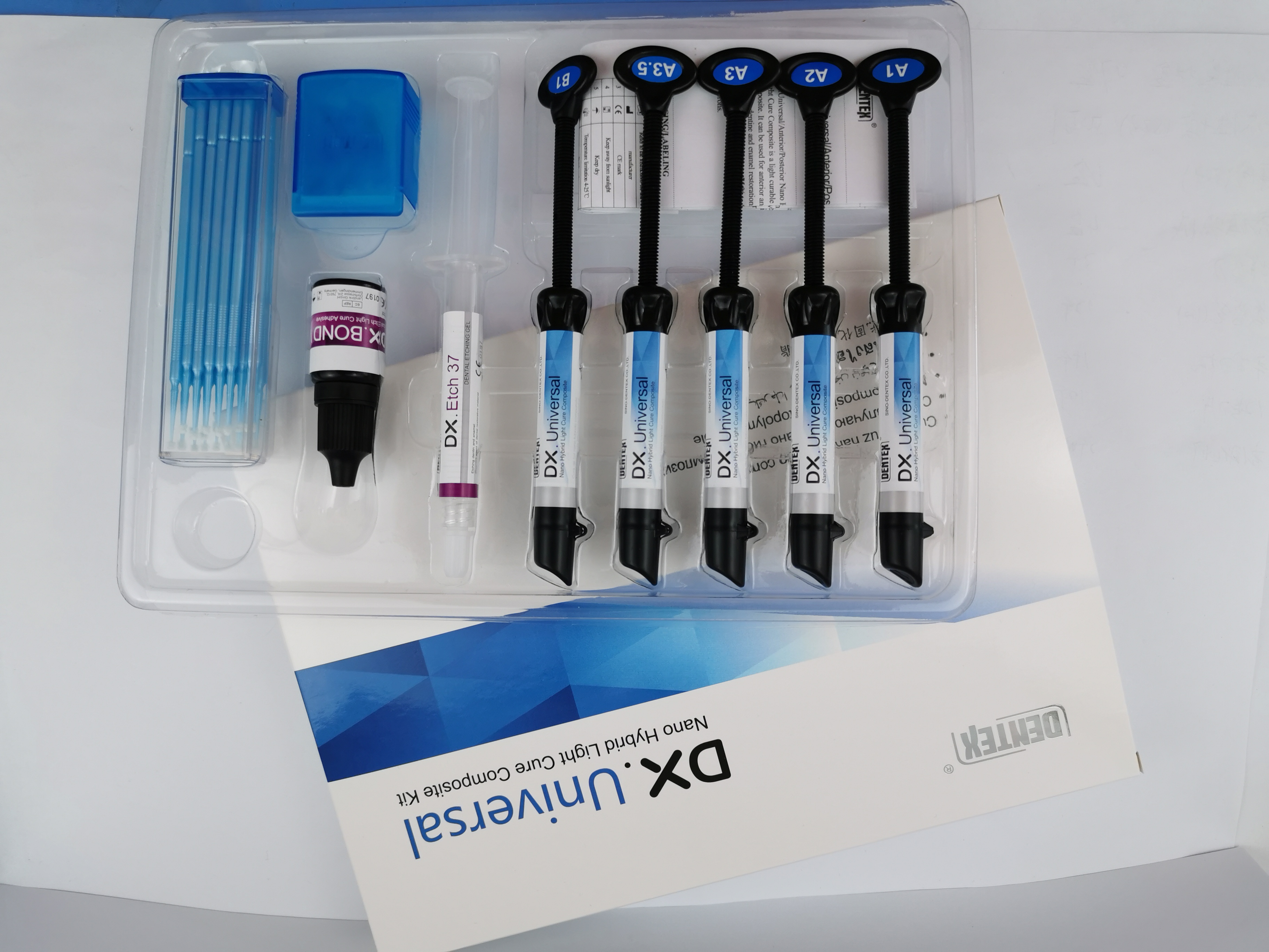 Five syringe composite kit  Dental materials light cure dental composite Micro hybrid China universal dentex