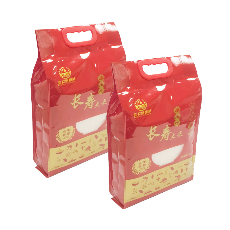 Flat Bootm Rice Packaging Bags with Handle Manufacturers Plastic China Recycled 1kg 2kg 5kg 10kg Food Stand up Pouch Heat Seal