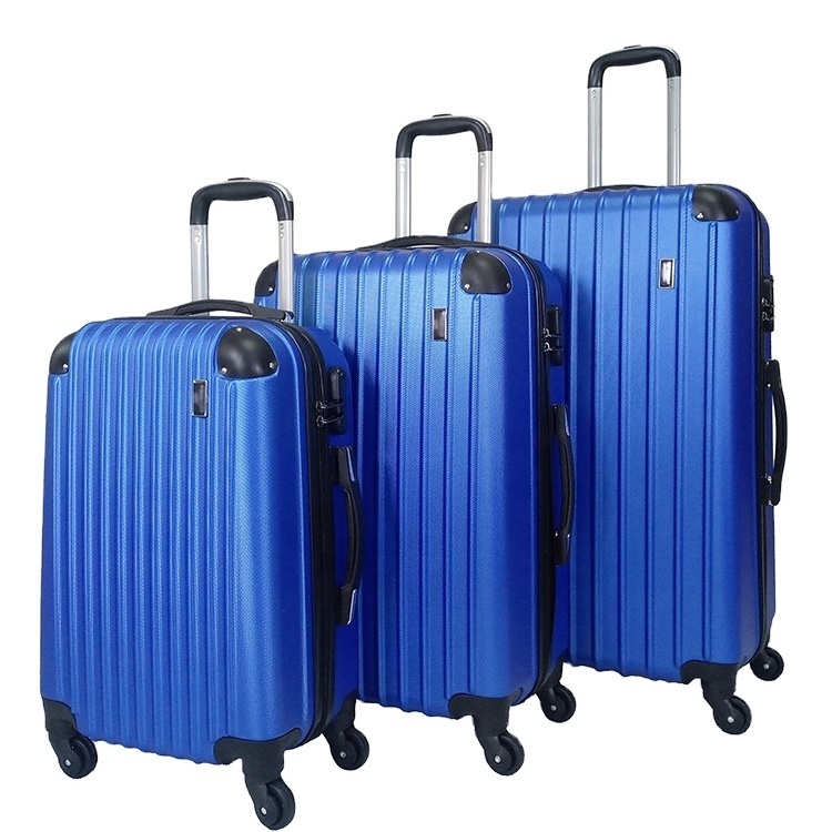 High quality 3 piece ABS material 4 wheels blue travel trolley zipper luggage suitcase set with TSA locks