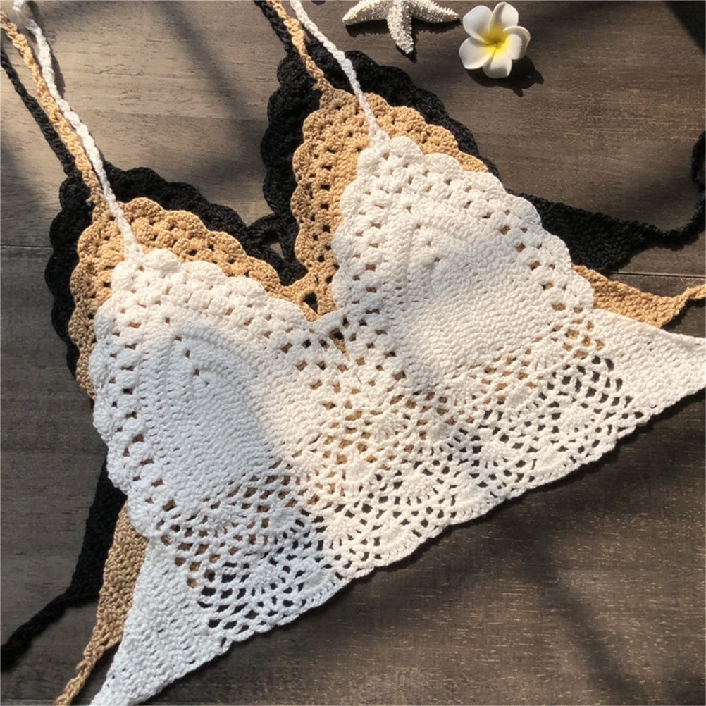 New Fashion Knit Crochet Cami Women Bralette Halter Neck Crop Tops Summer Beach Bikini