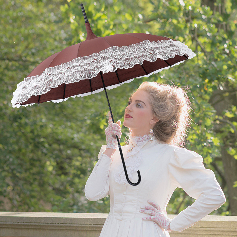 16K Luxury Pagoda Umbrella With Long Lace Princess Handle for Rain or Shine Straight Style- for Adults D23-87