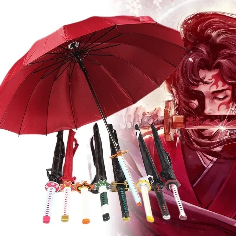 Anime Demon Slayer Katana Umbrella Tanjirou Long Handle Katana Sword Umbrellas No Yaiba Samurai Sword Parasol Rain Gear W23-576