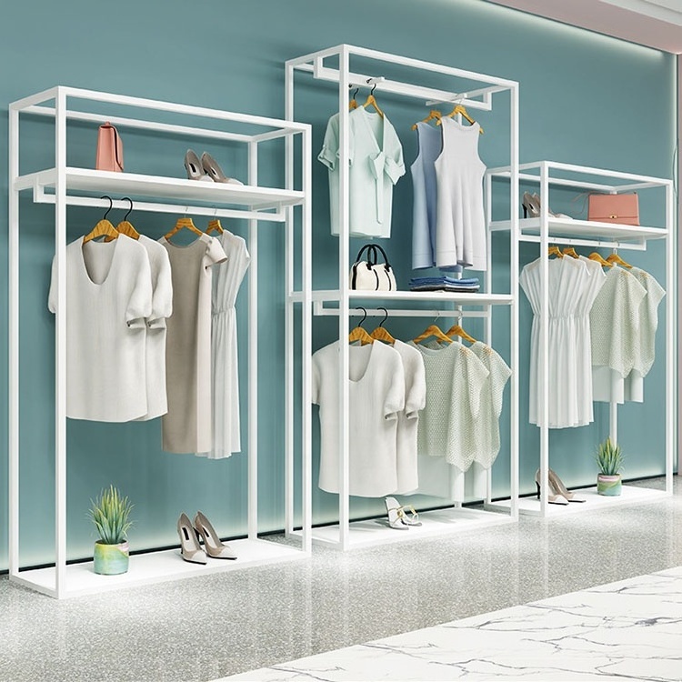 XINJI Retail Clothing Shop White Stainless Steel Fitting Boutique Garment Floor Stand Rack Luxury Store Clothes Display Shelves