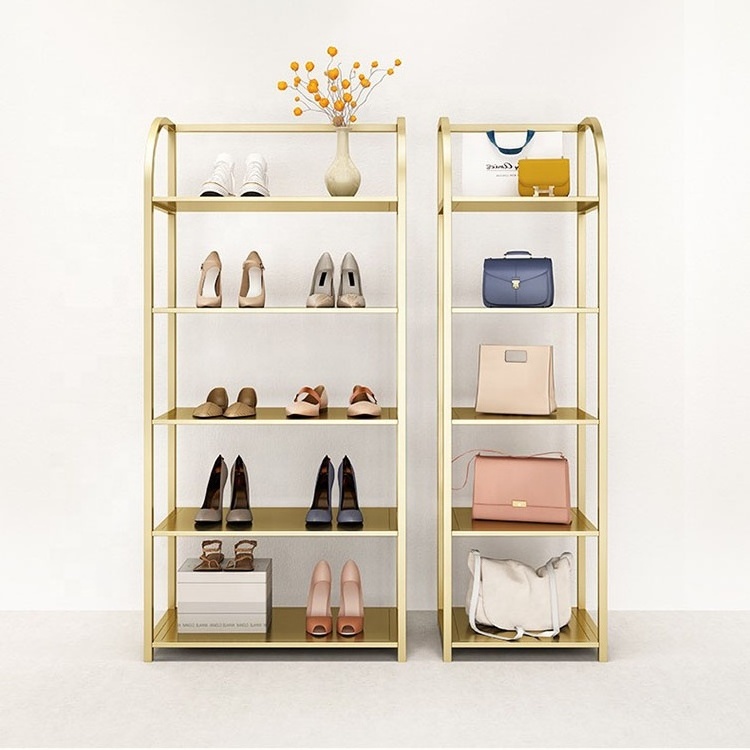 XINJI Luxury Clothing Display Rack Shopping Mall Window Retail Store Metal Gold Shoes Bag Hat Floor Stand Showcase Display Rack