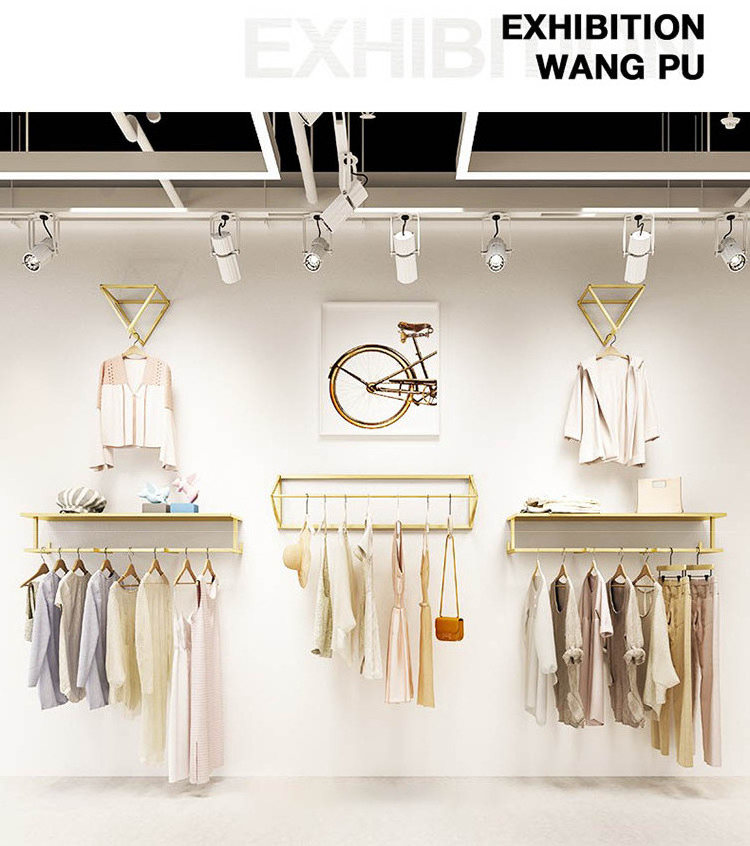 XINJI Fashion Nano Gold Garment Metal Wall Mounted Hanging Rail Display Rack Retail Clothing Shop for Clothes Display