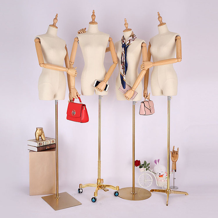 XINJI High Grade Gold Metal Base Woman Half Body Model Dummy For Wedding Dress Show Wooden Arms Mannequin