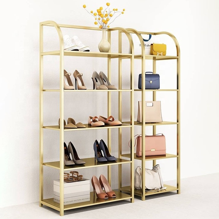 XINJI Luxury Clothing Display Rack Shopping Mall Window Retail Store Metal Gold Shoes Bag Hat Floor Stand Showcase Display Rack