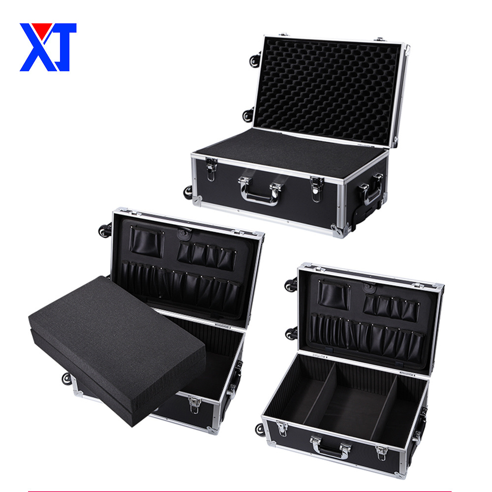 Customised Black Aluminum Beauty Trolley Travel Carrying Case with Wheels Pilot Case Black