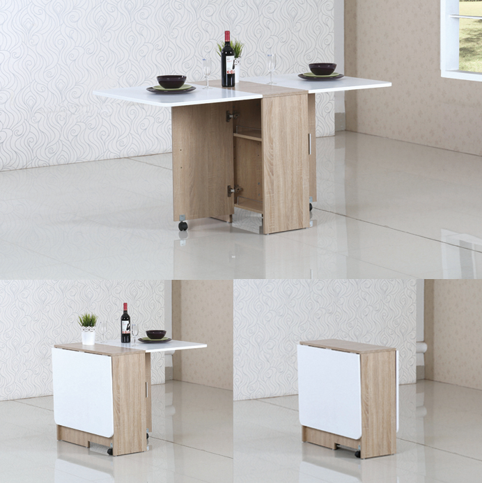 JUSTHOME modern white home kitchen wooden top space saving folding dining table with storage cabinet