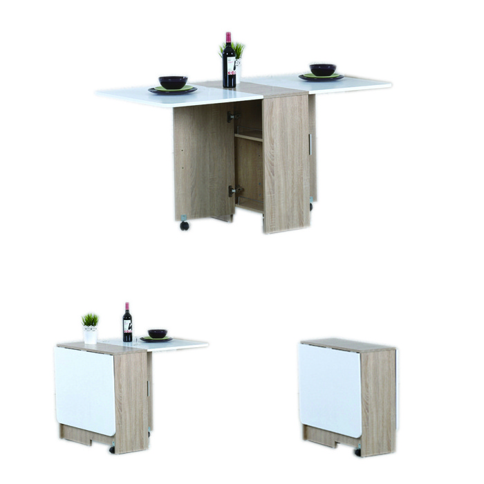 JUSTHOME modern white home kitchen wooden top space saving folding dining table with storage cabinet