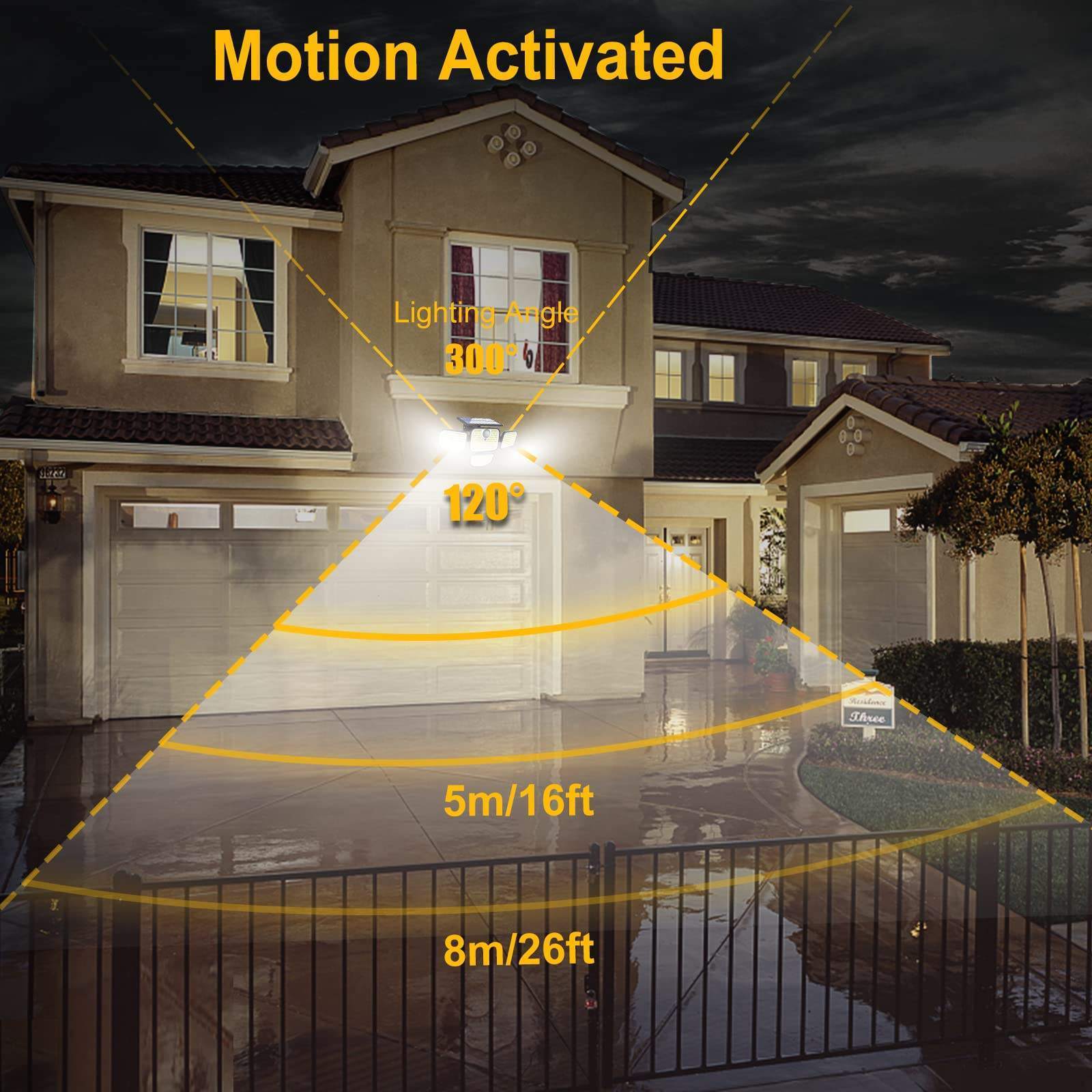 IP65 Waterproof Solar Lights 4 Heads 286 LED 3000 LM Motion Sensor 3 Modes Security Lights with Remote Control