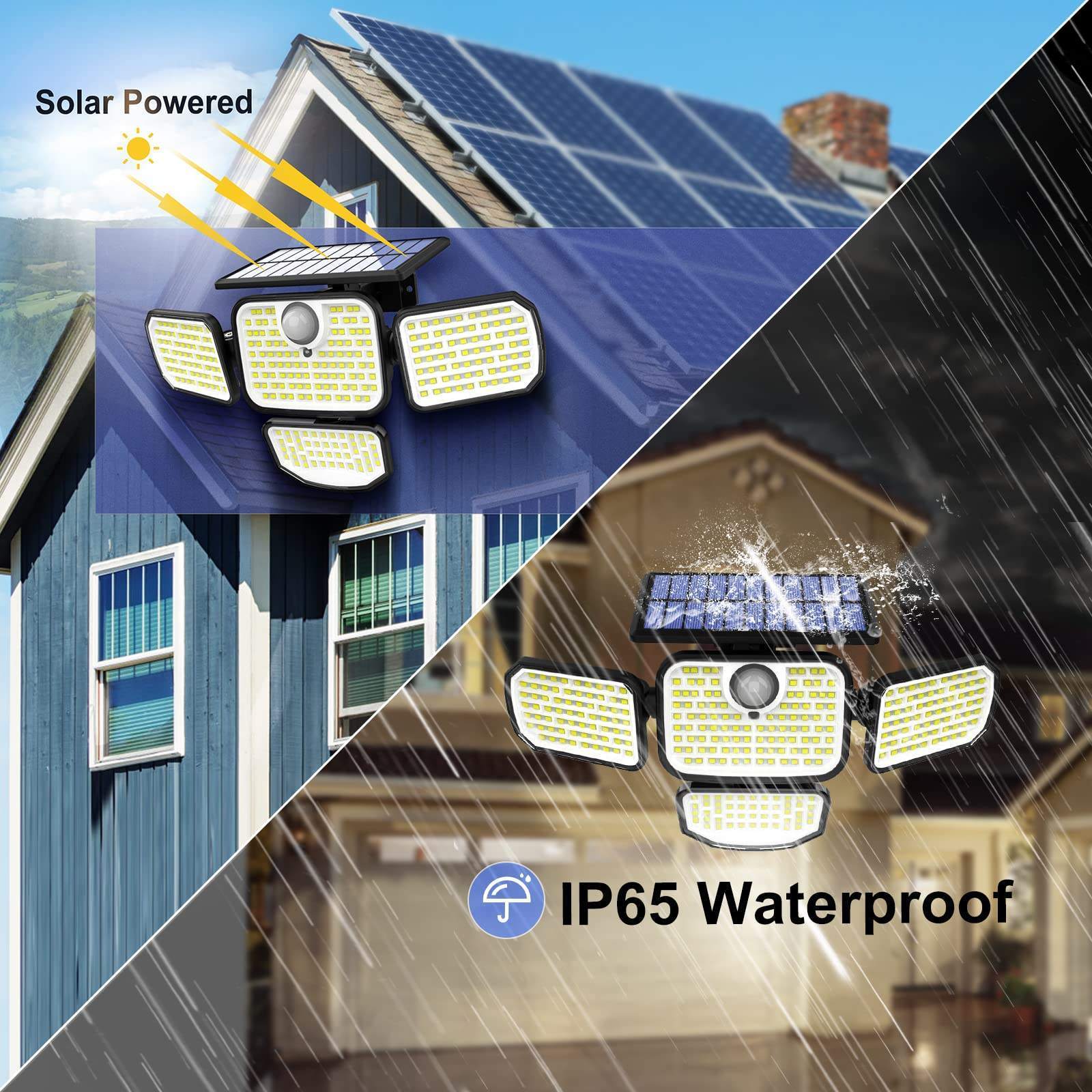 IP65 Waterproof Solar Lights 4 Heads 286 LED 3000 LM Motion Sensor 3 Modes Security Lights with Remote Control