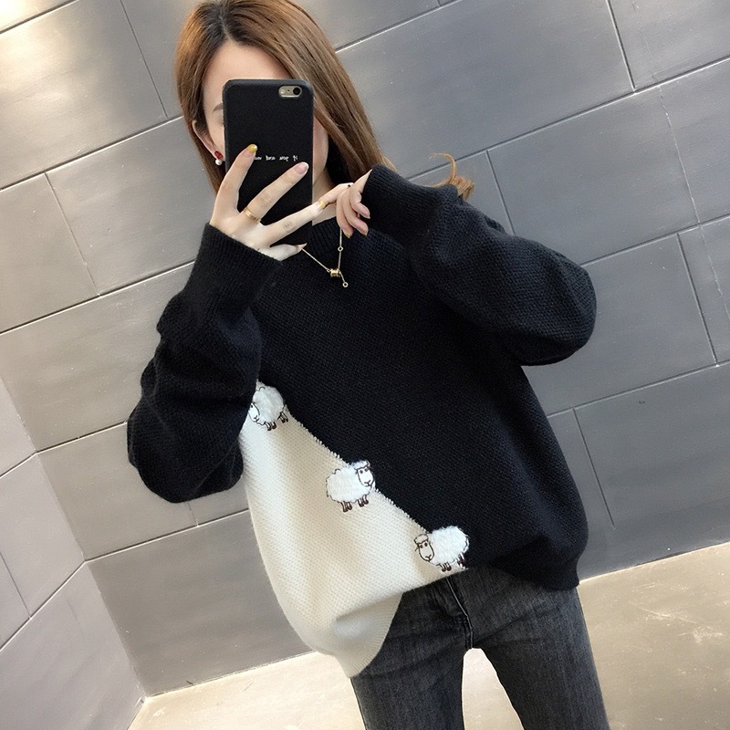 Factory wholesale 2023 new autumn and winter Korean women's casual loose O-neck cartoon pullover all with long-sleeved sweater