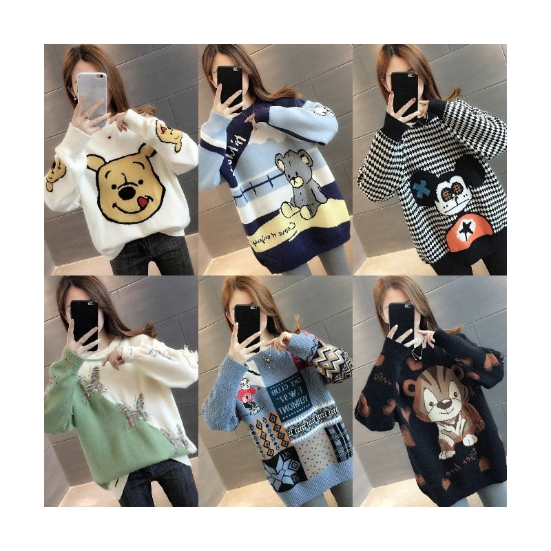 Factory wholesale 2023 new autumn and winter Korean women's casual loose O-neck cartoon pullover all with long-sleeved sweater