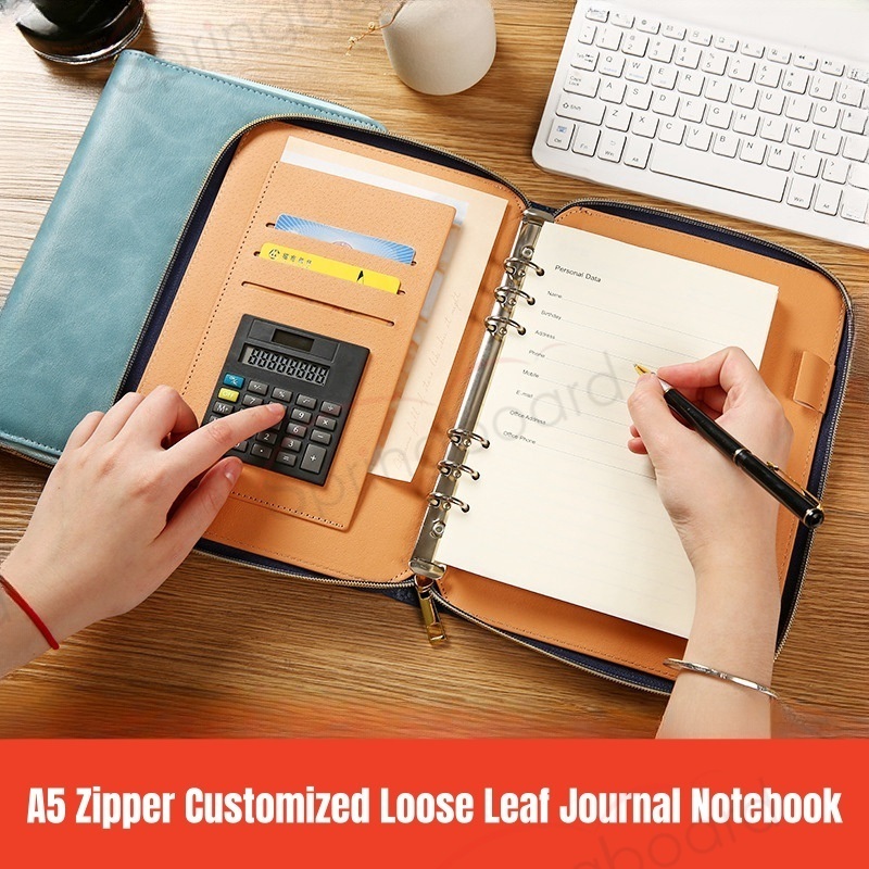 A5 Luxury Zipper Customized Loose Leaf Journal Notebook Pu Cover Cashier Journals Planners Sketchbook