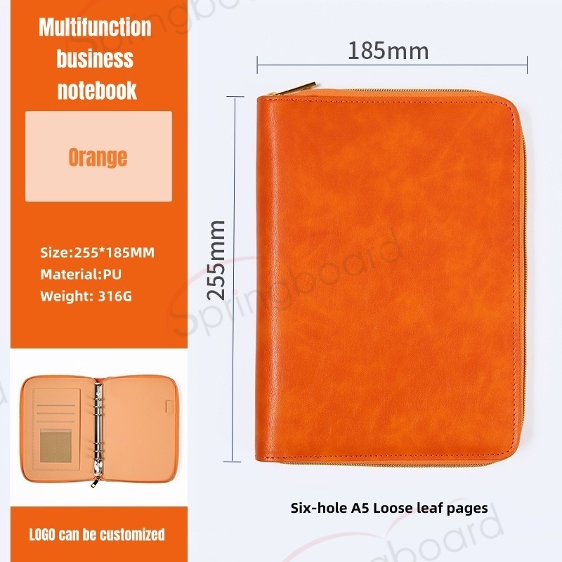 A5 Luxury Zipper Customized Loose Leaf Journal Notebook Pu Cover Cashier Journals Planners Sketchbook