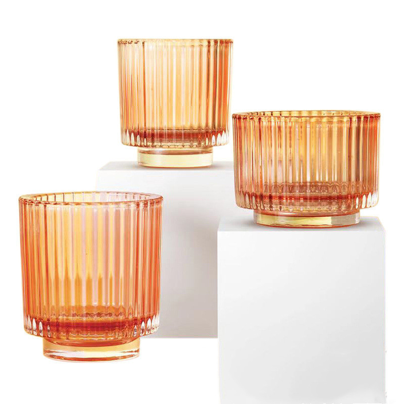 Home Office Decoration Hand Blown Clear Stripped Ribbed Design Borosilicate Glass Votive Candle Cup Holder