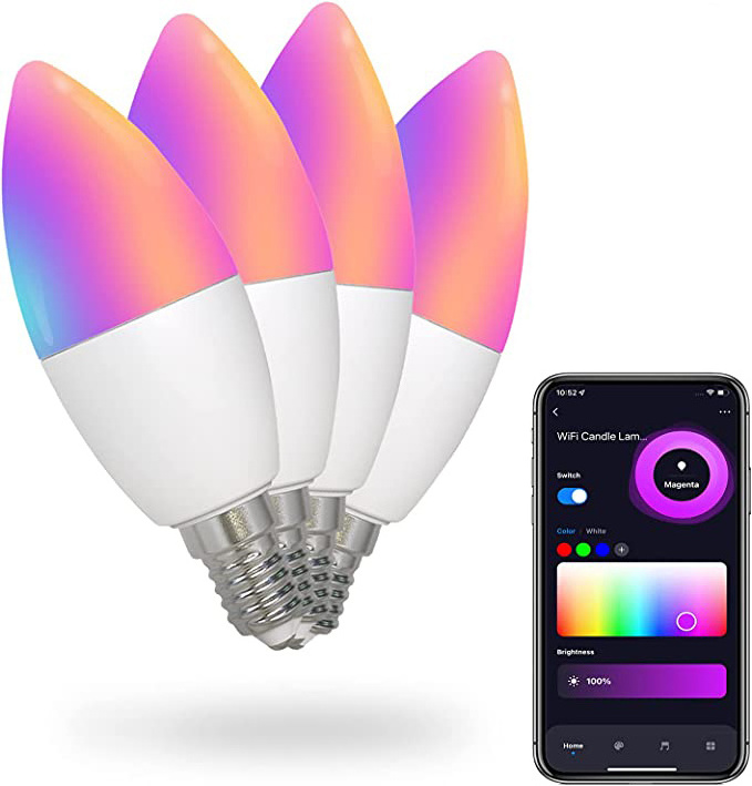 Smart Light Bulb E12 Base LED Color Bulb WiFi Bluetooth Candlestick Bulb Compatible with Alexa Google Home APP Color Changing D