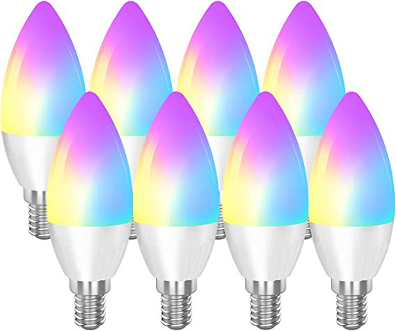 E12 LED Candelabra Bulb Color Changing Candle B11 Incandescent Equivalent 450 Lumens RGB Warm White 5W 12 Colors 2 Modes Timer