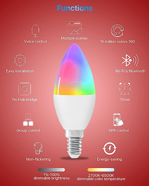 E12 LED Candelabra Bulb Color Changing Candle B11 Incandescent Equivalent 450 Lumens RGB Warm White 5W 12 Colors 2 Modes Timer