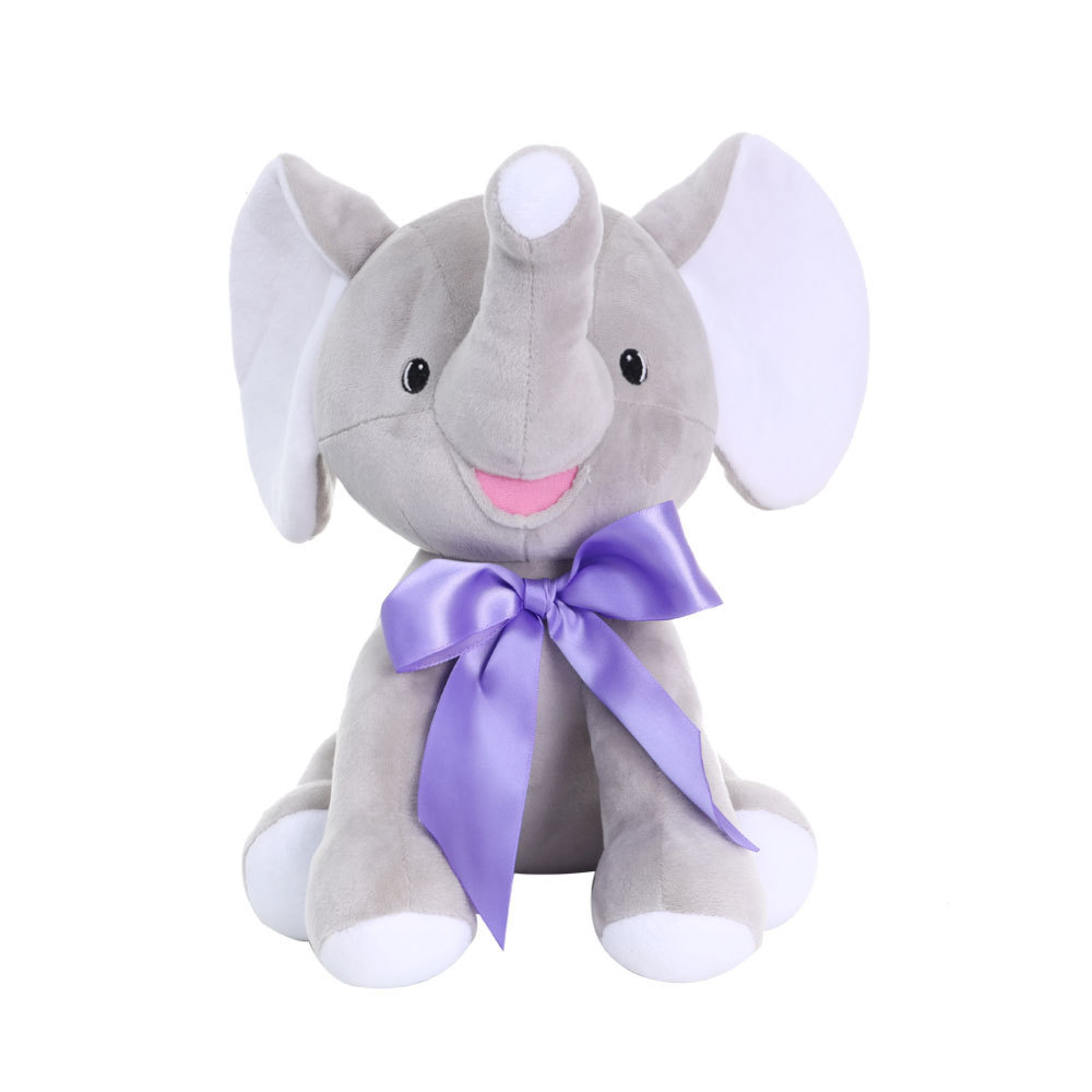 stuffed sitting gray elephant with purple bowknot plush animal toys