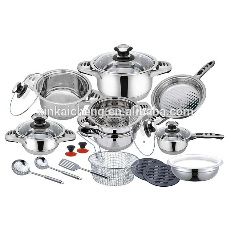 Classic 24-Piece Kitchen Cookware Set Stainless Steel & Bakelite Handle Non-Stick Frypan & Casserole with Wide Edge Metal Iron