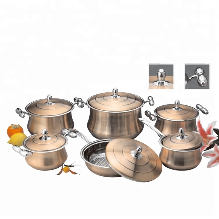 Hot sale 12pcs Thick Copper caldero stainless steel wide edge induction cookware set commercial cooking pots