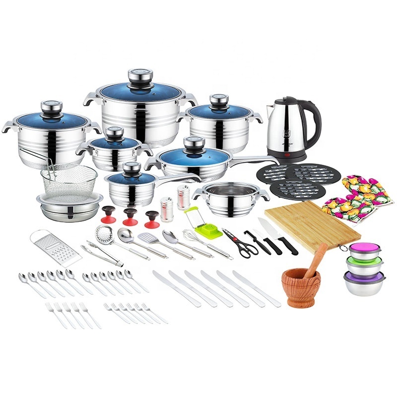 German hot sell 30 /40 /  50 / 60 / 80 / 110 pcs  stainless steel wide edge thermos induction cookware set with blue glass lid