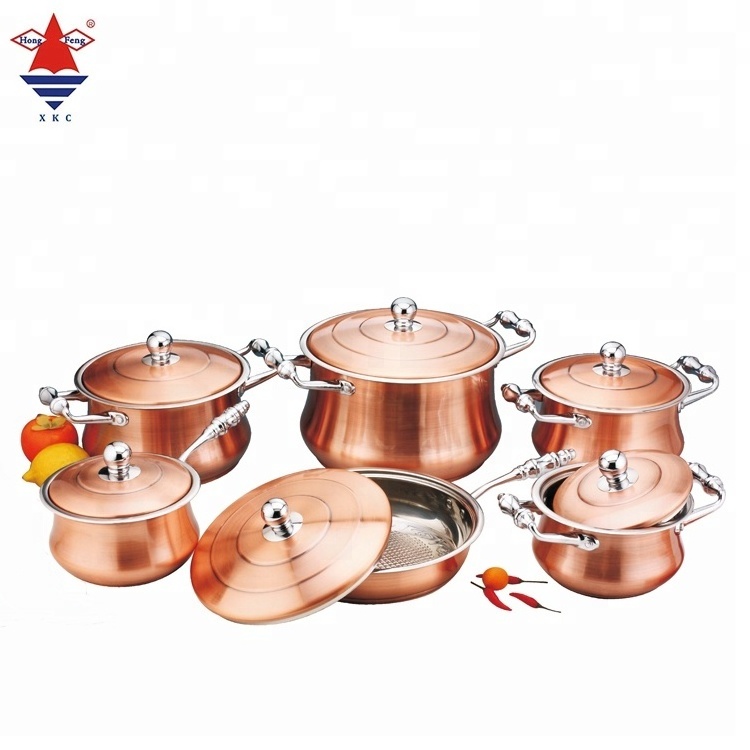 Hot sale 12pcs Thick Copper caldero stainless steel wide edge induction cookware set commercial cooking pots