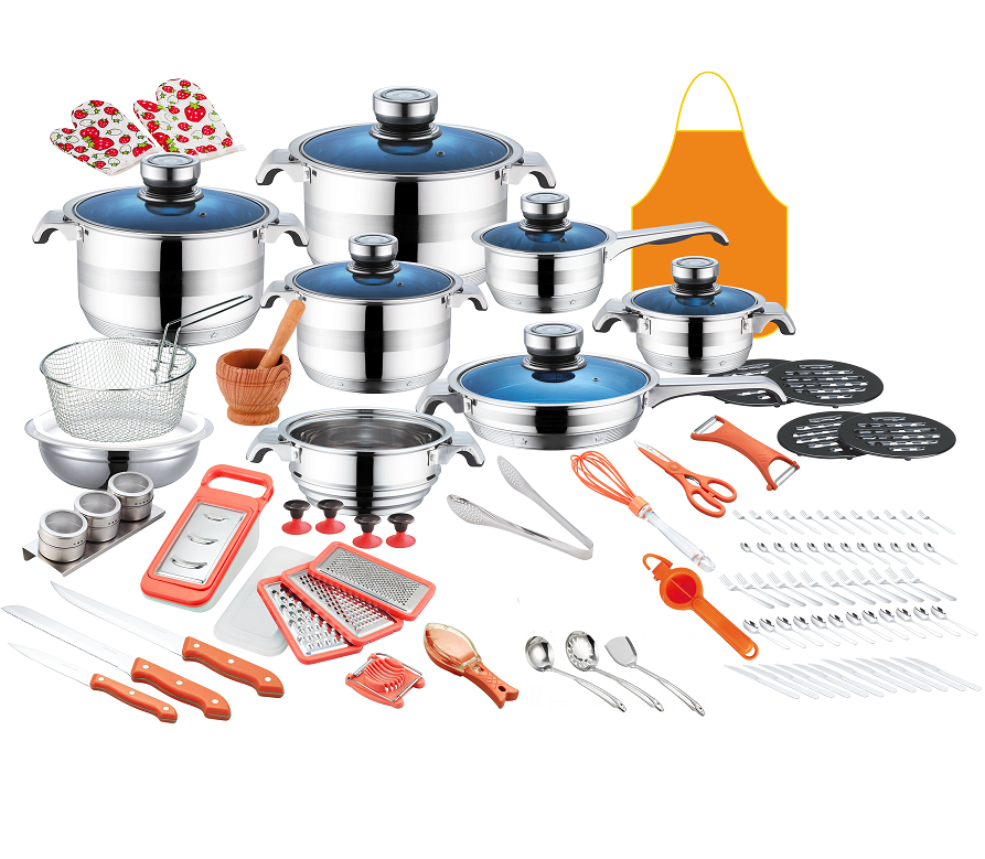 German hot sell 30 /40 /  50 / 60 / 80 / 110 pcs  stainless steel wide edge thermos induction cookware set with blue glass lid