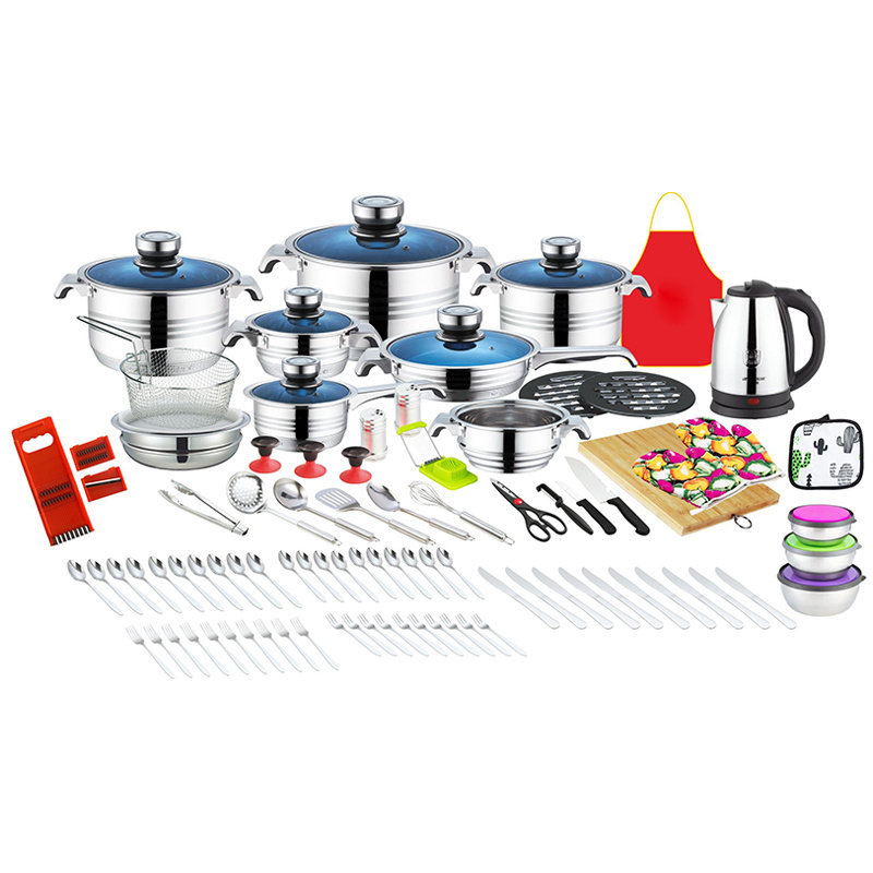 German hot sell 30 /40 /  50 / 60 / 80 / 110 pcs  stainless steel wide edge thermos induction cookware set with blue glass lid