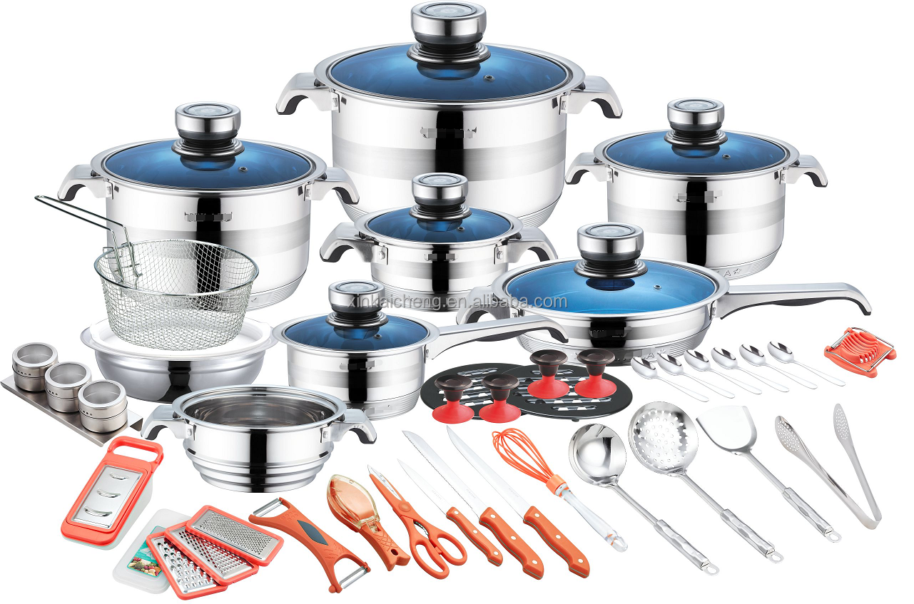 German hot sell 30 /40 /  50 / 60 / 80 / 110 pcs  stainless steel wide edge thermos induction cookware set with blue glass lid