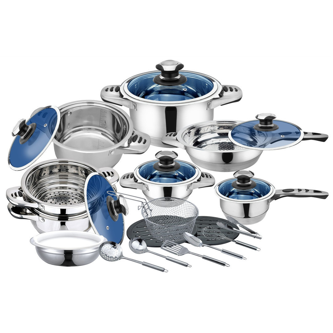 Classic 24-Piece Kitchen Cookware Set Stainless Steel & Bakelite Handle Non-Stick Frypan & Casserole with Wide Edge Metal Iron