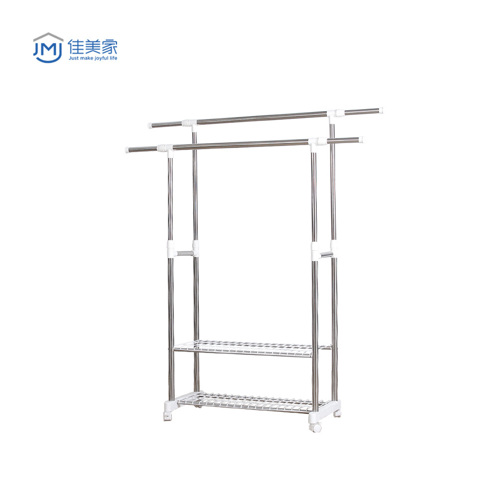 2021 Adjustable Double-rod 2 tiers Clothes Drying Stand with Wheels Clothes Drying Rack