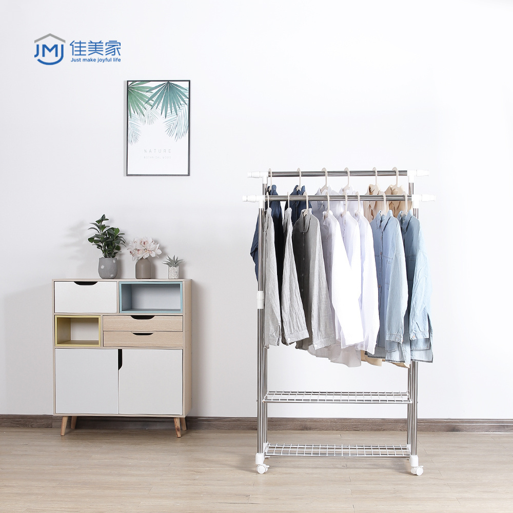 2021 Adjustable Double-rod 2 tiers Clothes Drying Stand with Wheels Clothes Drying Rack