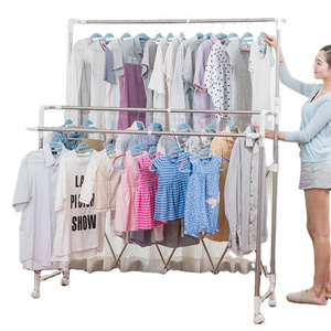 2021 Large Triple Rod Stainless Steel Collapsible Garment Storage Stand Hanger Clothes Drying Rack