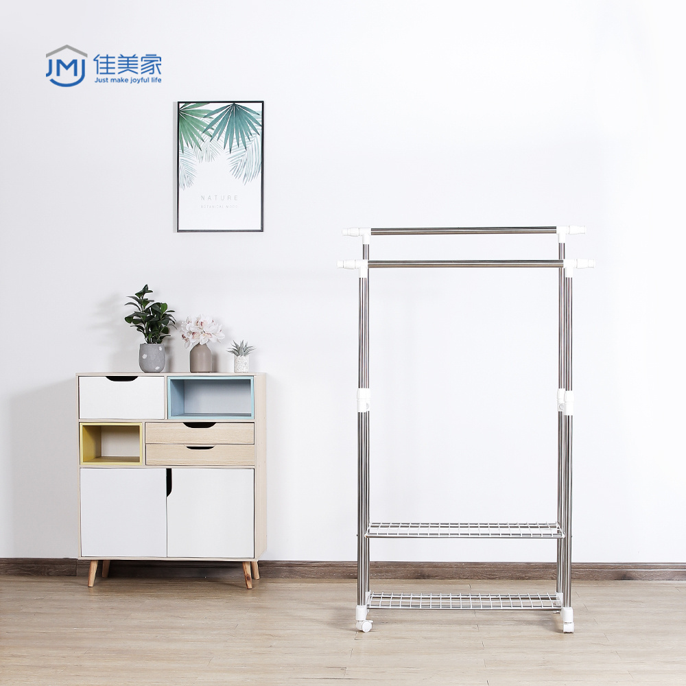 2021 Adjustable Double-rod 2 tiers Clothes Drying Stand with Wheels Clothes Drying Rack