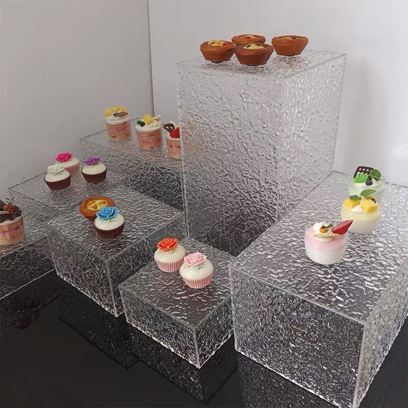 Xinkeda  Square Wedding Party Acrylic Food Cubes White Plinth Food Stand Acrylic Display Riser Buffet Risers Set