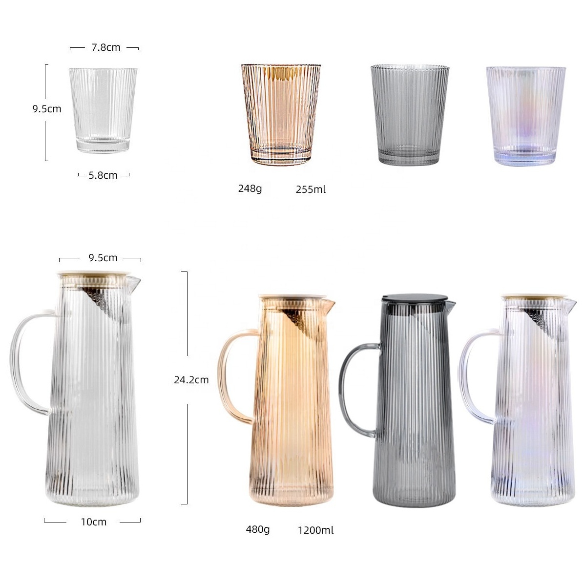 Glass Water Pitcher Set with Lid for Juice and Cold Drink Tall Jugs with Handle for Drinking Tea Water Jug with 4 Tumbler Cups