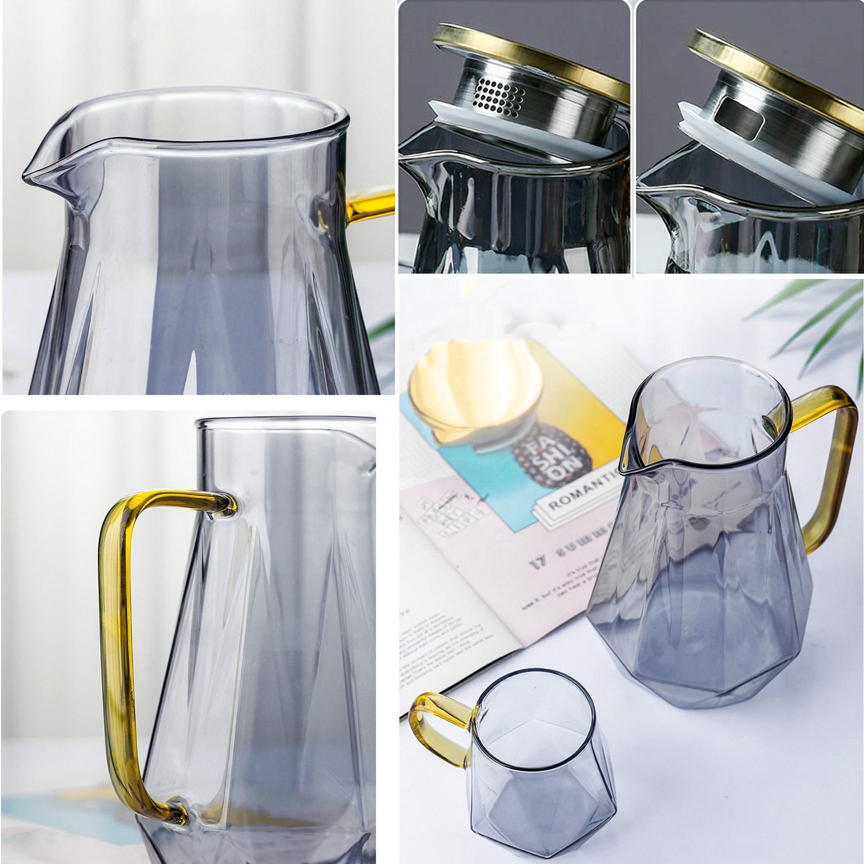 High Quality Aesthetic Luxury Diamond Shaped Hot Cold Water Jug Set Summer Clear Glass Tea Cup Set