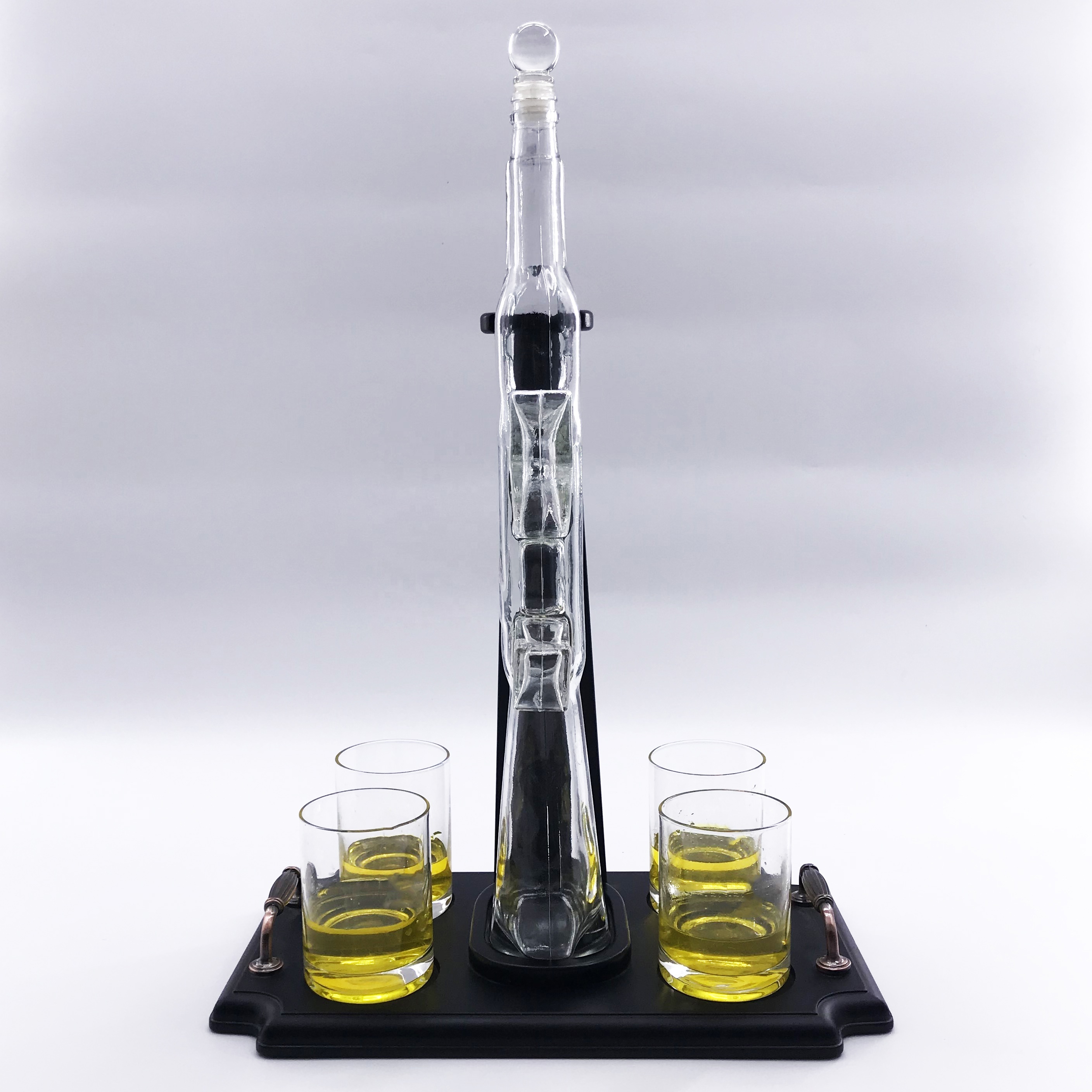 Ak 47 Gun Whiskey Decanter Set + 4 Whisky Glasses on Wood Classic Base Tray for Home Bar Decor