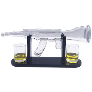 Ak 47 Gun Whiskey Decanter Set + 2 Whisky Glasses on Wood Classic Base Tray for Home Bar Decor